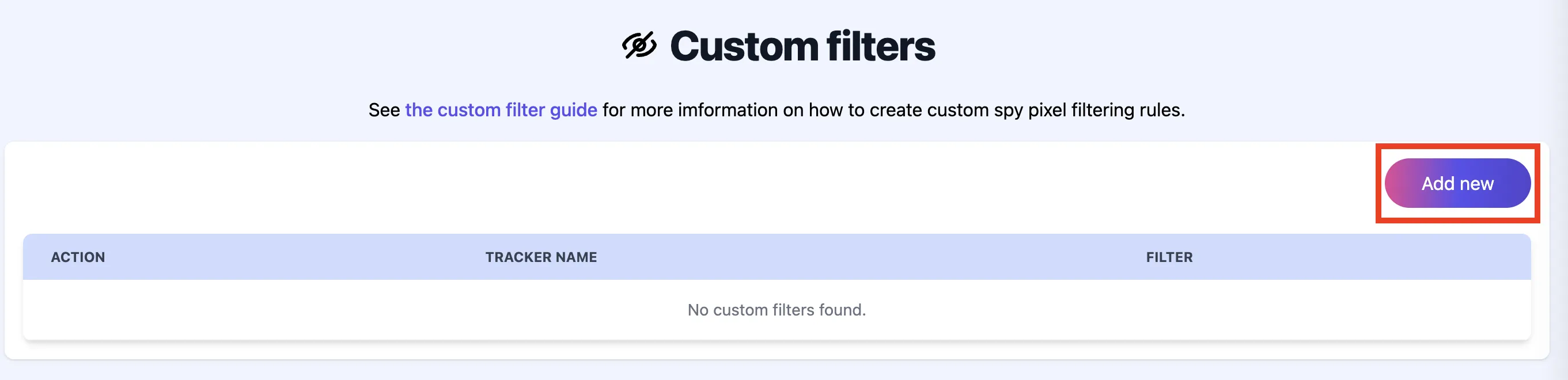 Custom filters index page