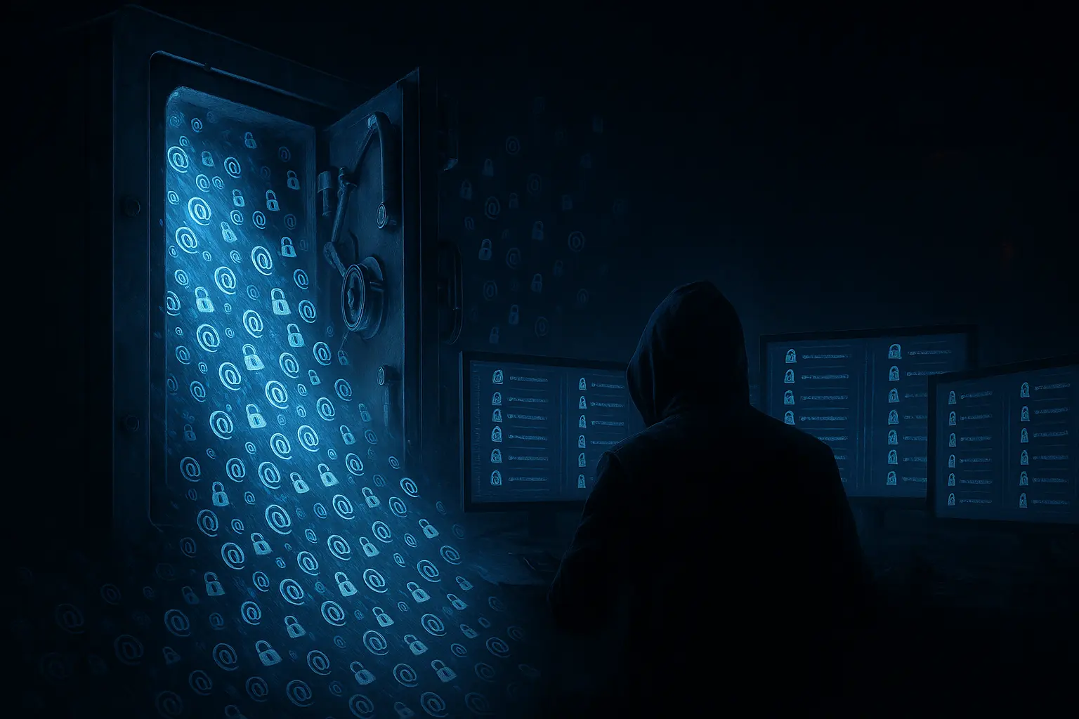Visualization of massive credential data breach with stolen records streaming from a broken server
