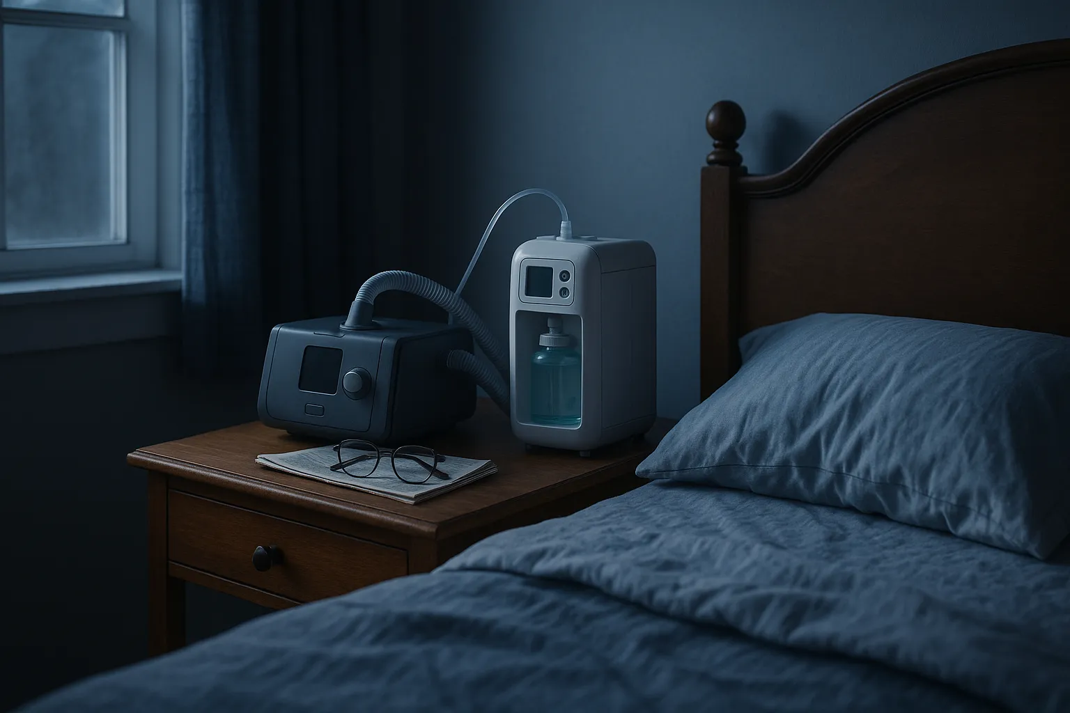 A CPAP machine and oxygen concentrator on a bedroom nightstand at dawn, representing the home medical equipment customers exposed in the AdaptHealth breach