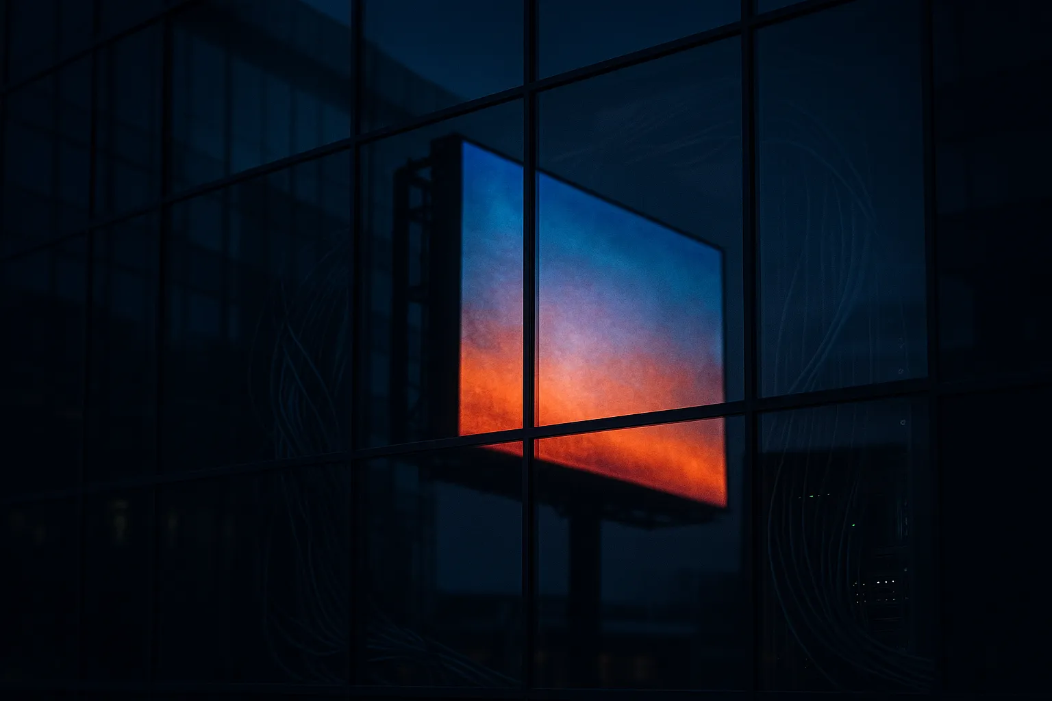 A digital advertising billboard reflected in the dark glass facade of an office building at dusk, with network cabling and server racks dimly visible behind the reflection