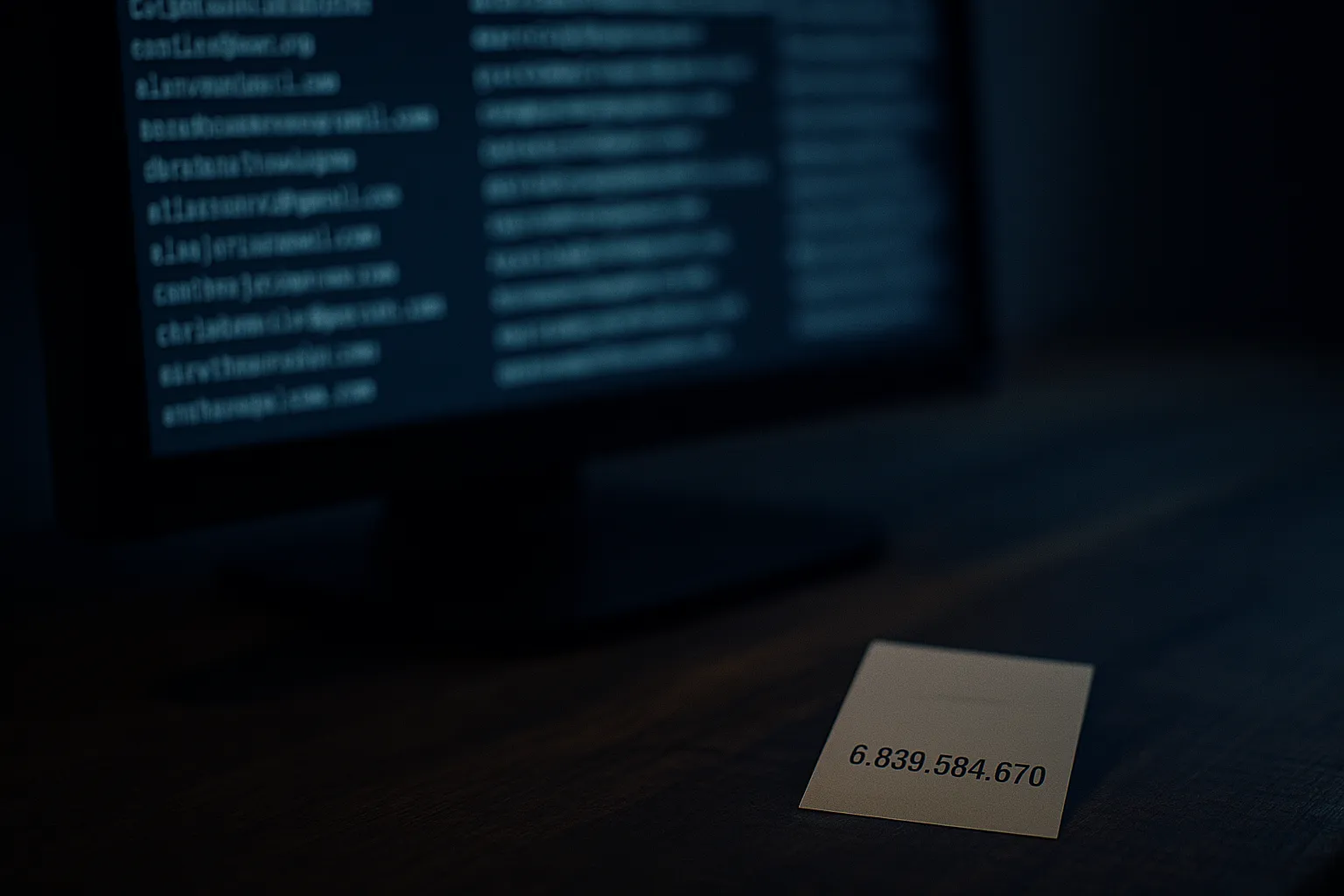 A computer monitor displaying scrolling lines of leaked email addresses with a dim blue glow, suggesting a massive data dump posted online