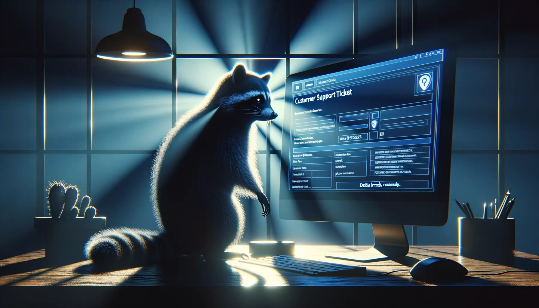 Dark silhouette at a computer screen showing support ticket data being exfiltrated
