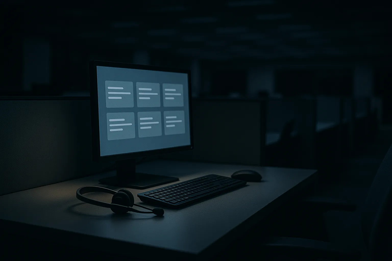 An empty corporate help desk workstation at night with a single illuminated monitor showing abstract support ticket rows, suggesting a vacated BPO seat that an attacker exfiltrated data from