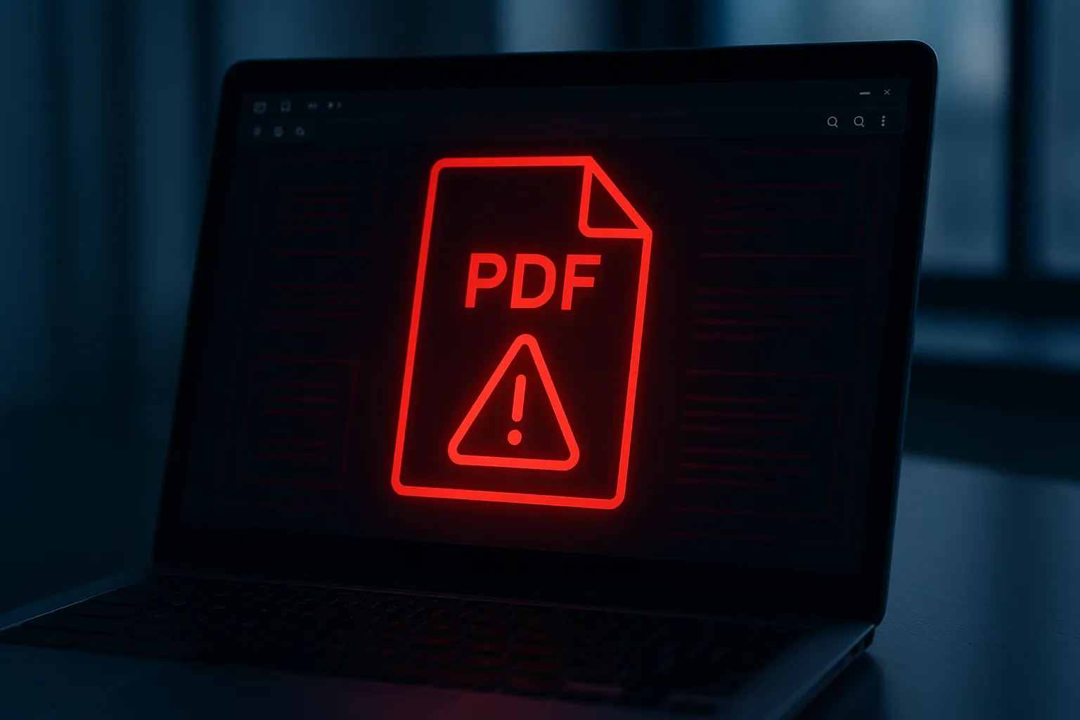 Laptop screen displaying a PDF document with warning indicators symbolizing a zero day exploit