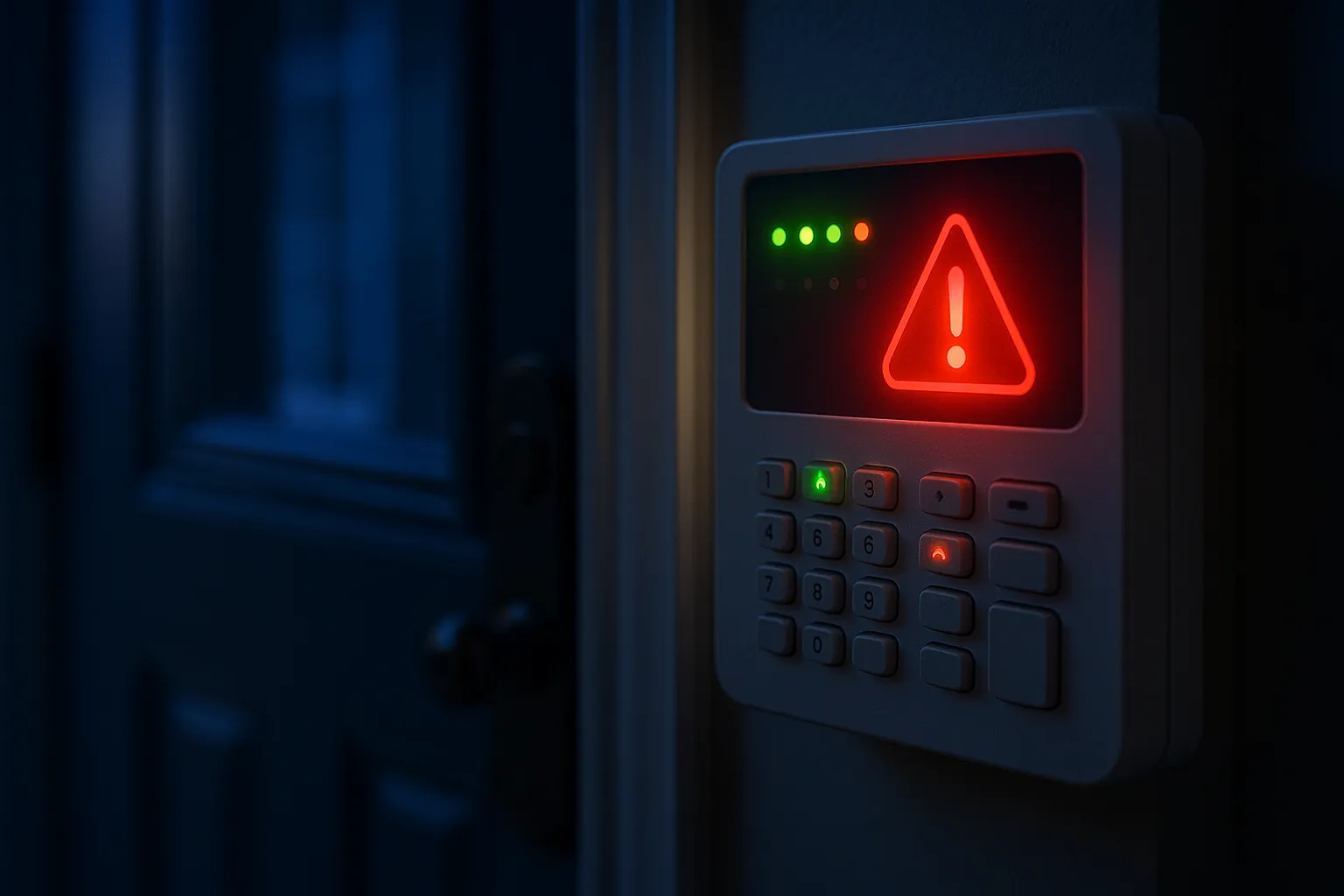 Home security control panel mounted on a wall showing a red warning indicator