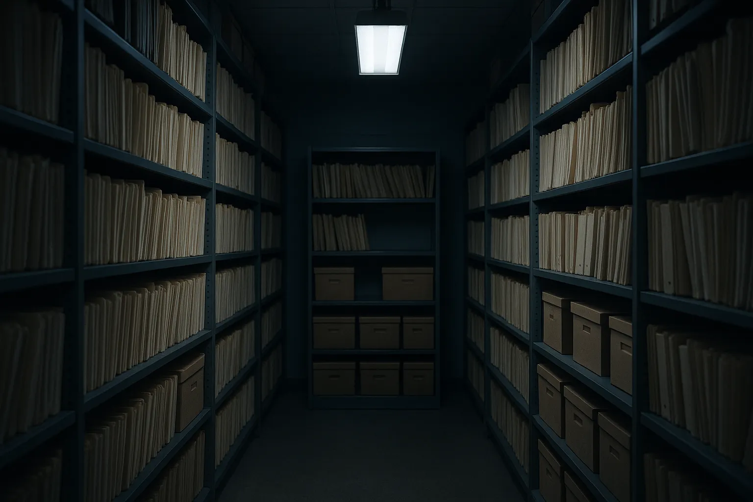 A dim hospital records storage room at night, rows of tall archive shelving filled with unlabeled folders receding into shadow with one bay left empty