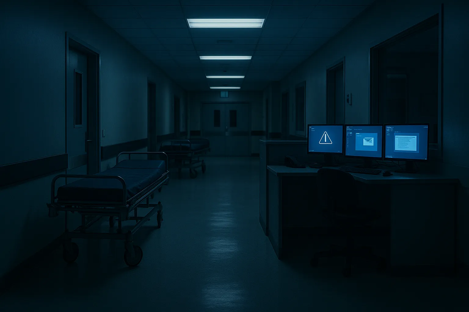 A dimly lit hospital corridor at night with computer screens glowing at a nurses station, conveying the targeting of medical infrastructure