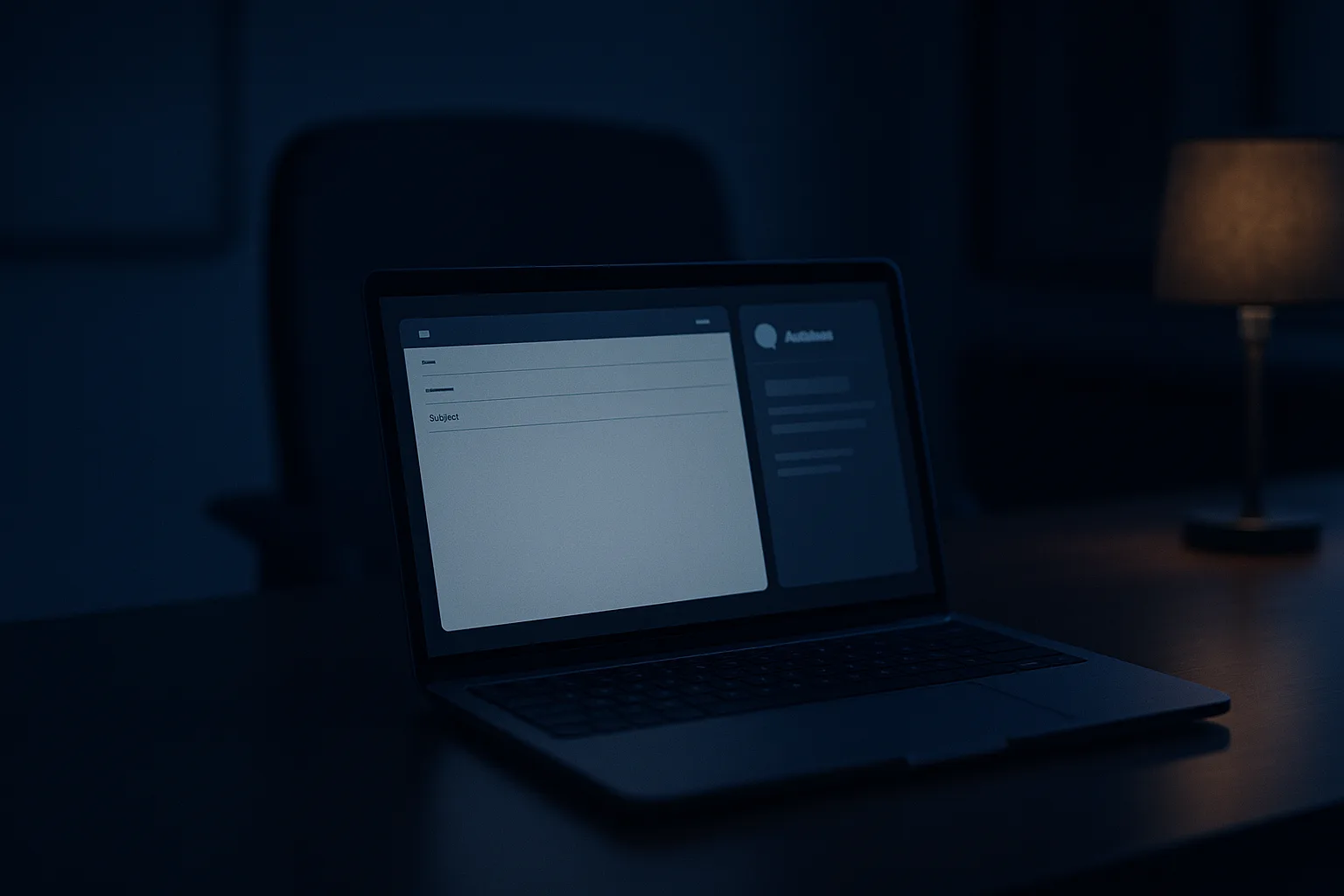 An editorial photograph of a laptop showing an email client beside an AI browser agent panel, with faint invisible text rendered over the message body in cool indigo light, representing hidden instructions an AI agent reads but a human cannot see