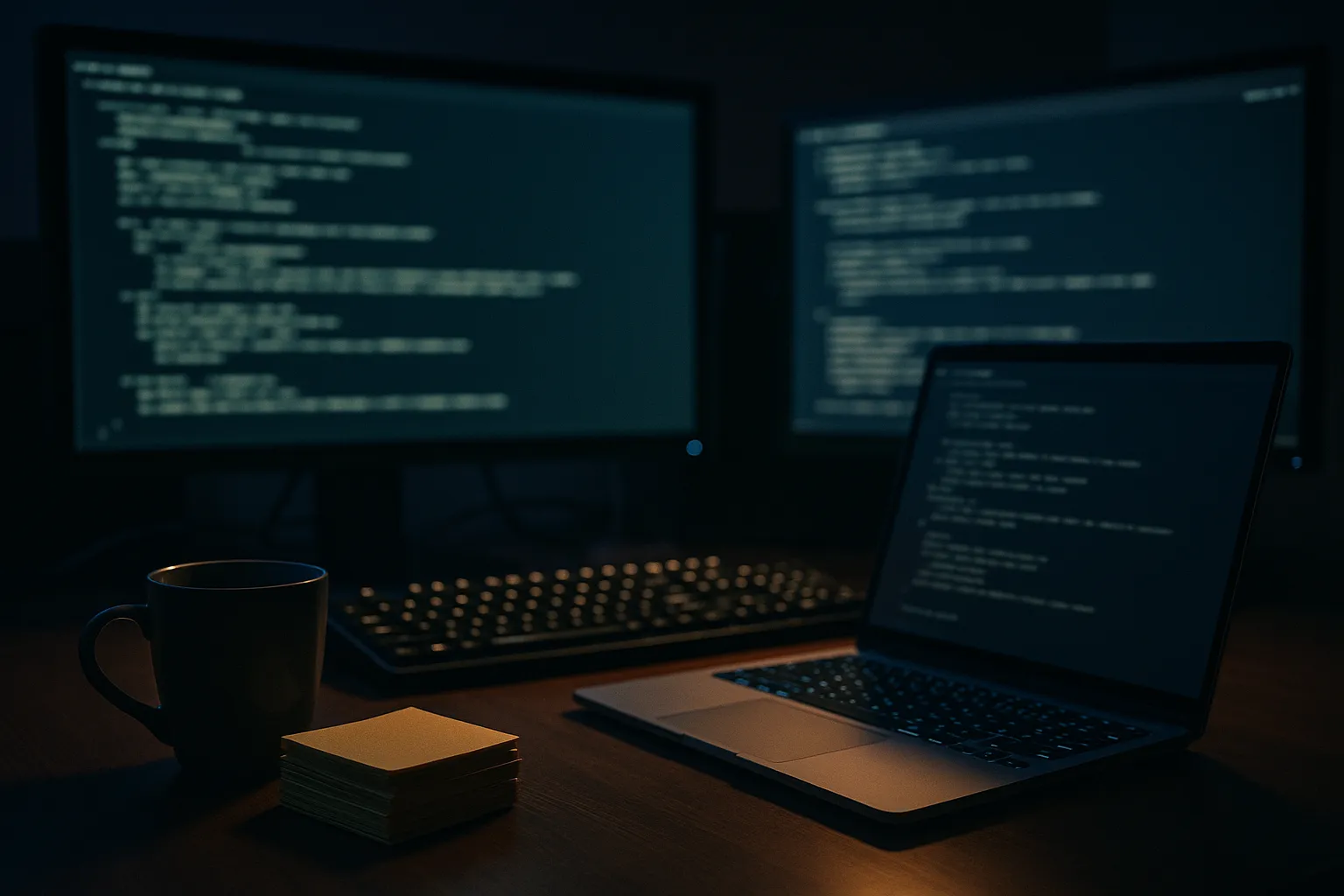 An editorial photograph of an overworked developer's desk with a coffee mug, several monitors displaying terminal windows with blurred unreadable output, and a stack of printed sticky notes, representing a security maintainer drowning in duplicate bug reports