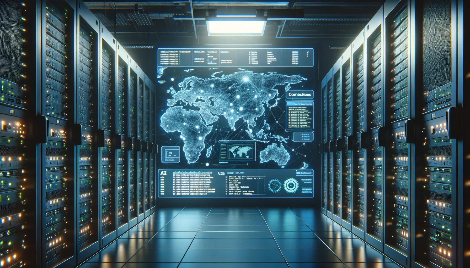 Server room with network firewall appliances and AI interface displayed on monitoring screens