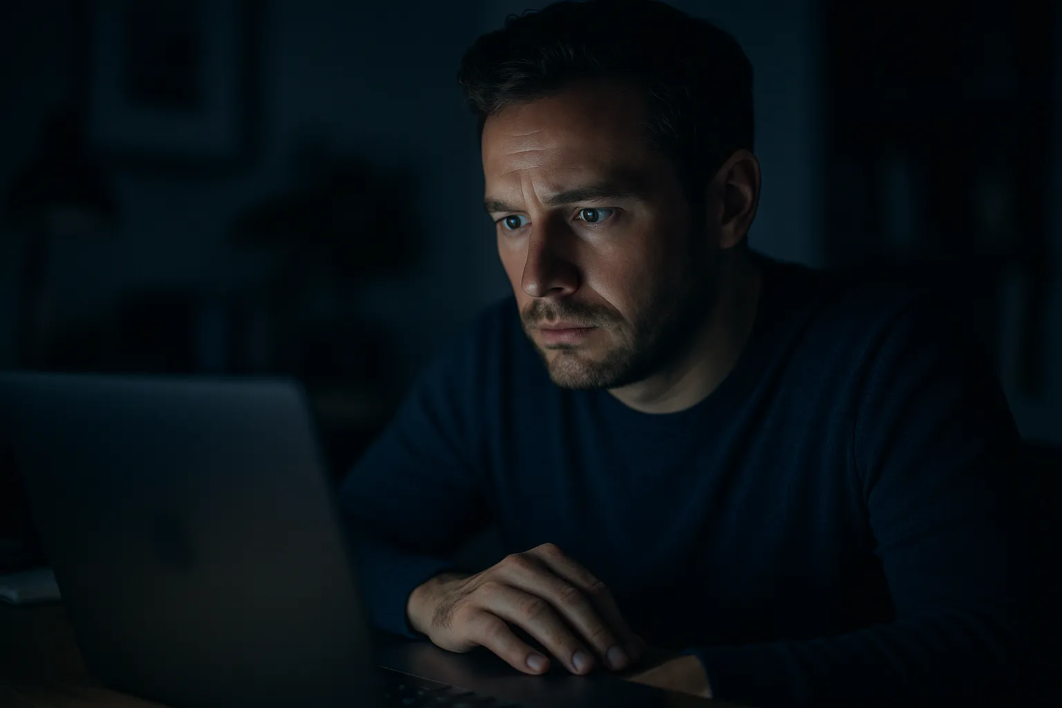 A person sitting at a laptop in a dim home office at night reading email, face softly lit by the screen glow, one hand resting near the trackpad with a cautious expression, blurred background, indigo and deep blue ambient color grading
