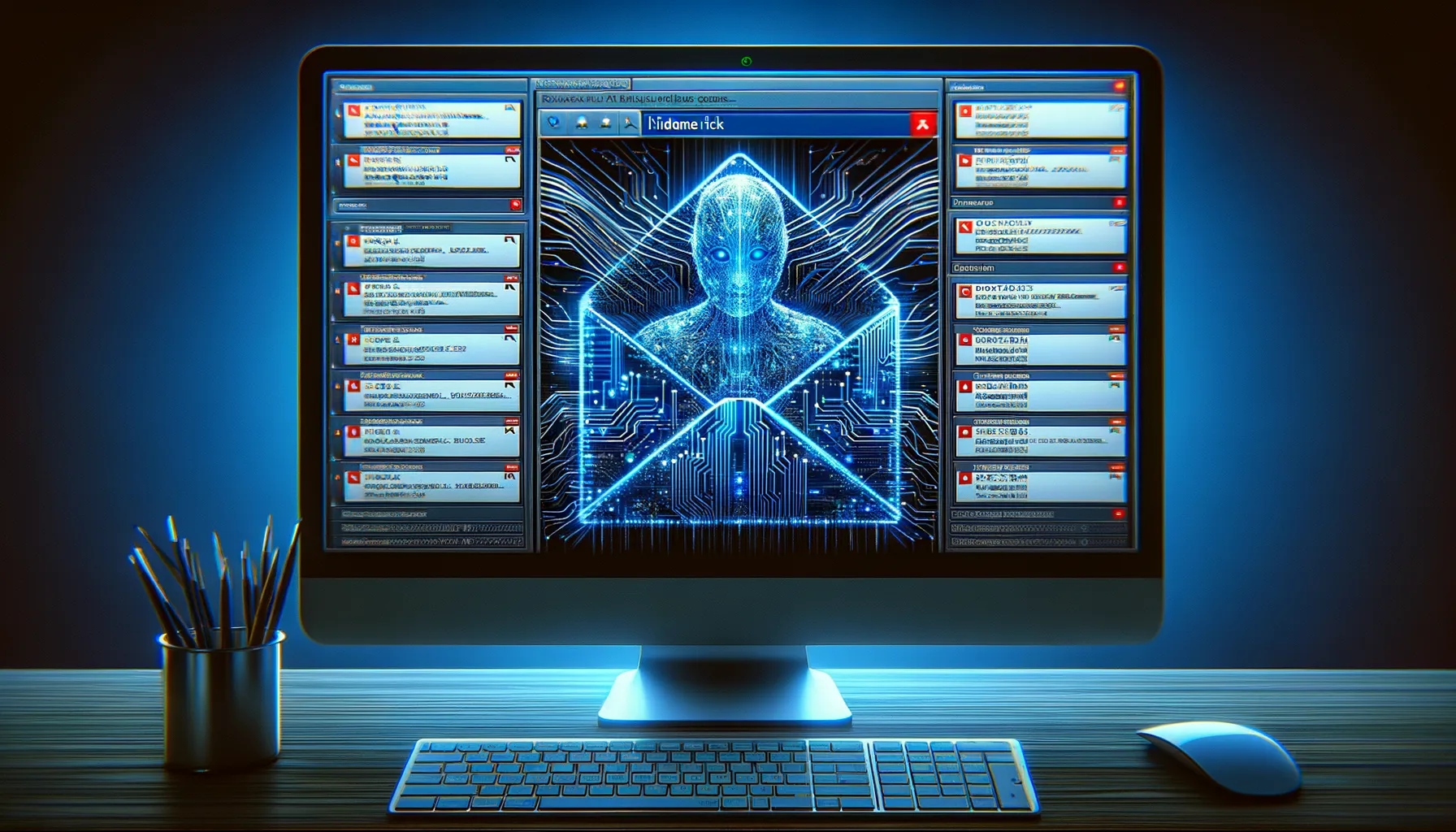 Email inbox showing professional-looking emails with one subtly transforming into AI neural network patterns representing AI-generated phishing