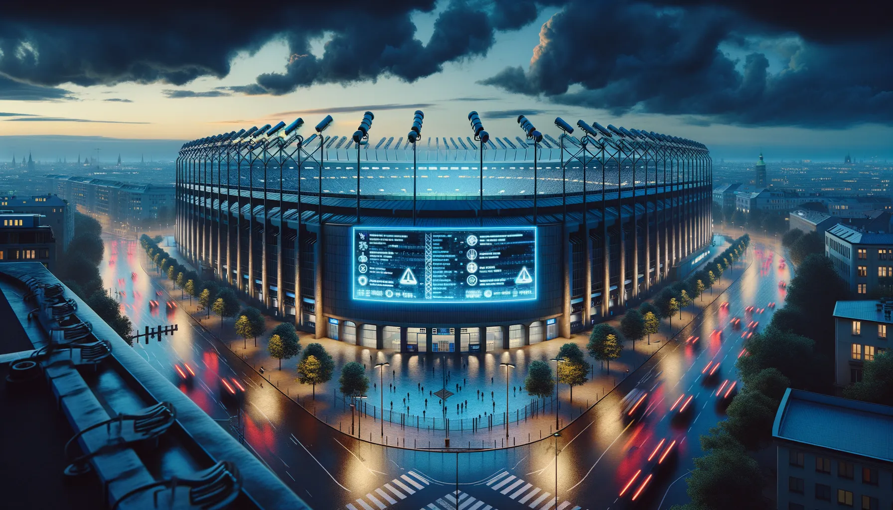A European football stadium at dusk with warning symbols visible on a digital display