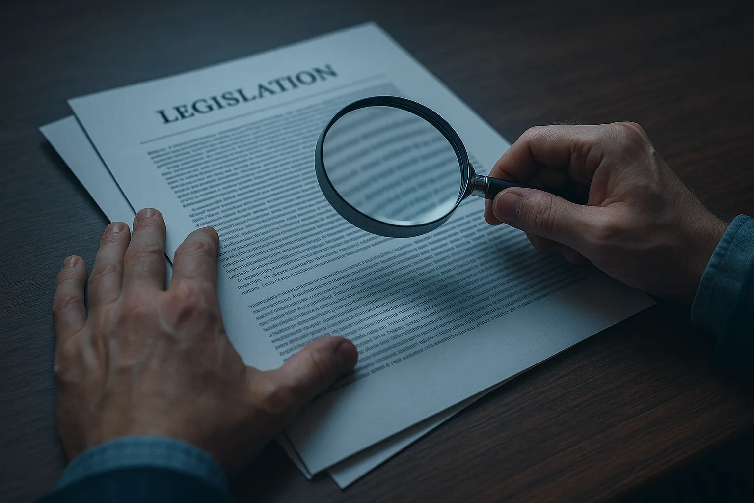 A person reviewing legal documents with a magnifying glass, revealing fine print in privacy legislation