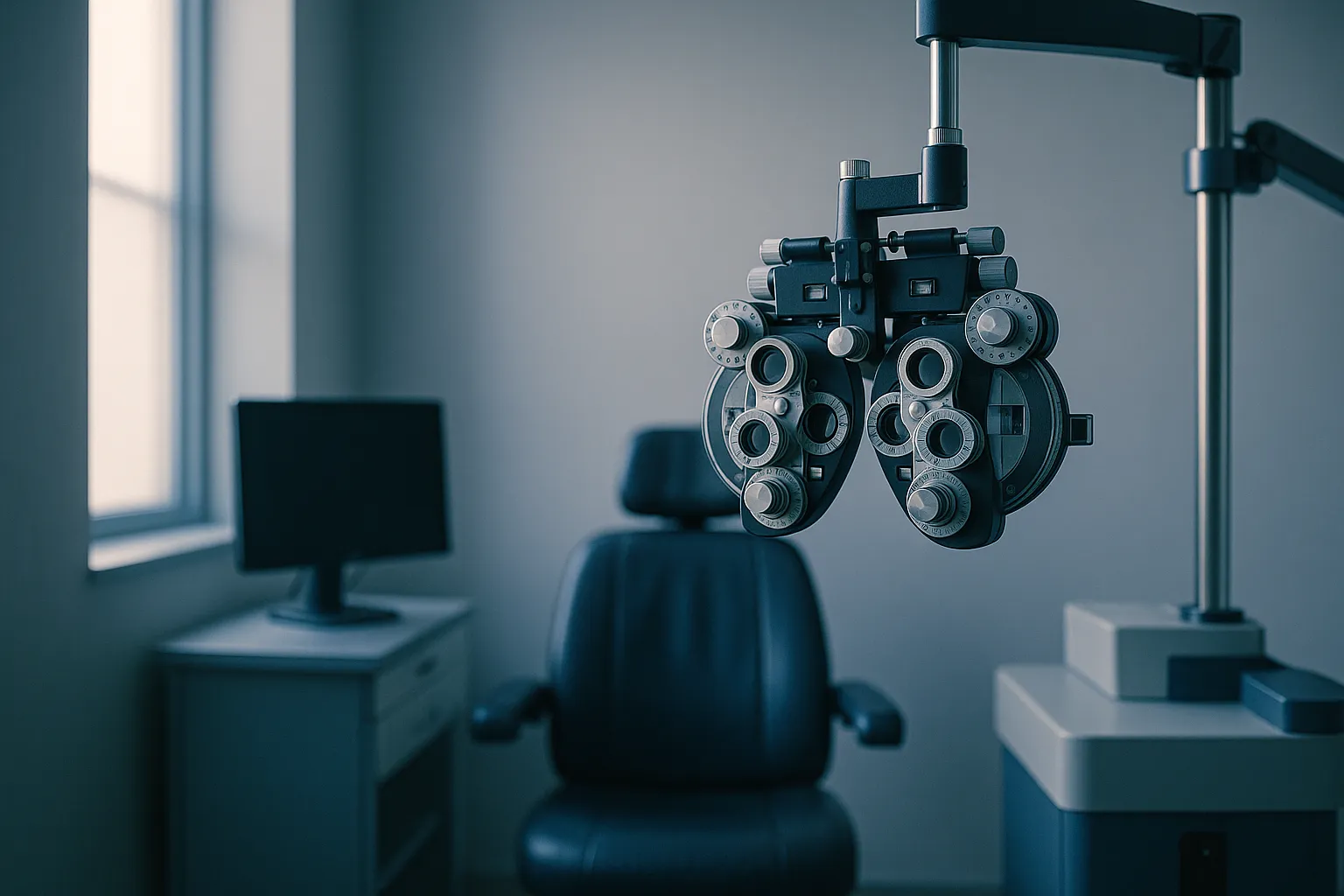 An empty optometry examination room with a phoropter and a switched off monitor, lit by soft daylight through a window