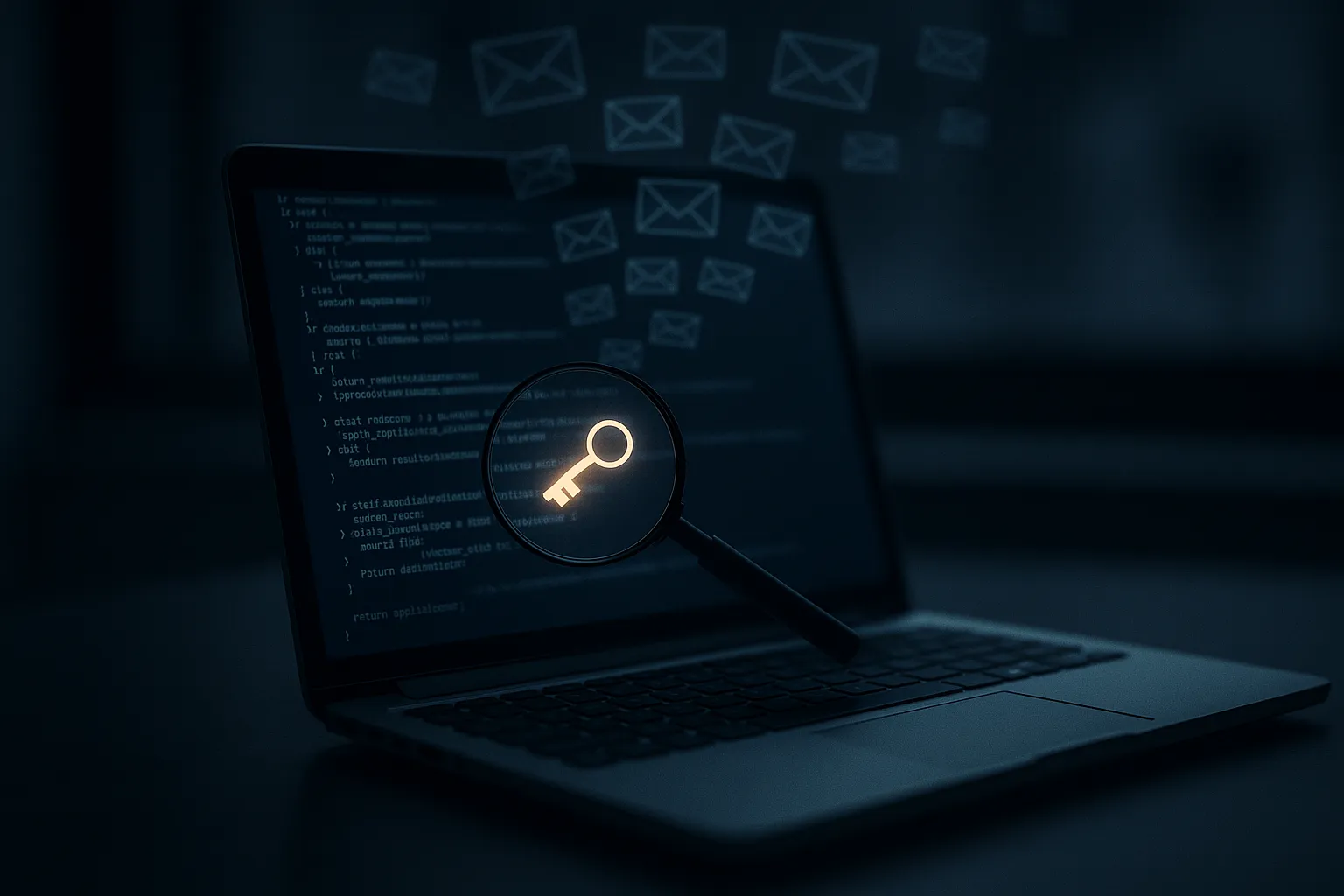 A magnifying glass over a laptop screen revealing a glowing key icon hidden in source code, with email envelopes streaming out