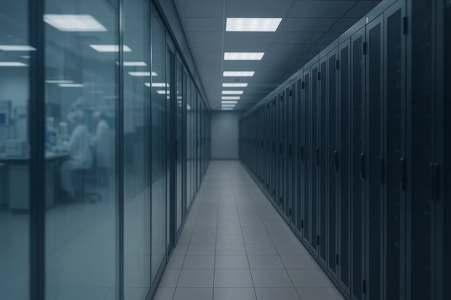Anonymous server racks behind glass in a corporate data center corridor, with a laboratory faintly reflected in the partition
