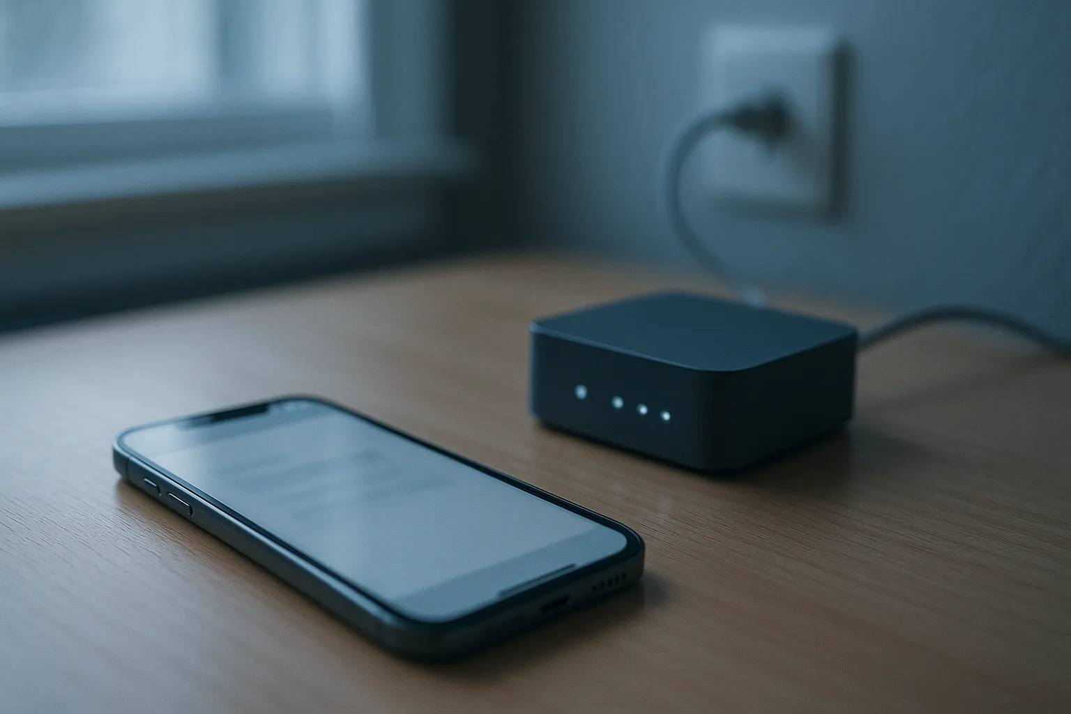 An editorial photograph of a smartphone lying face up on a wooden desk beside a home internet router with soft indicator lights and an ethernet cable running out of frame