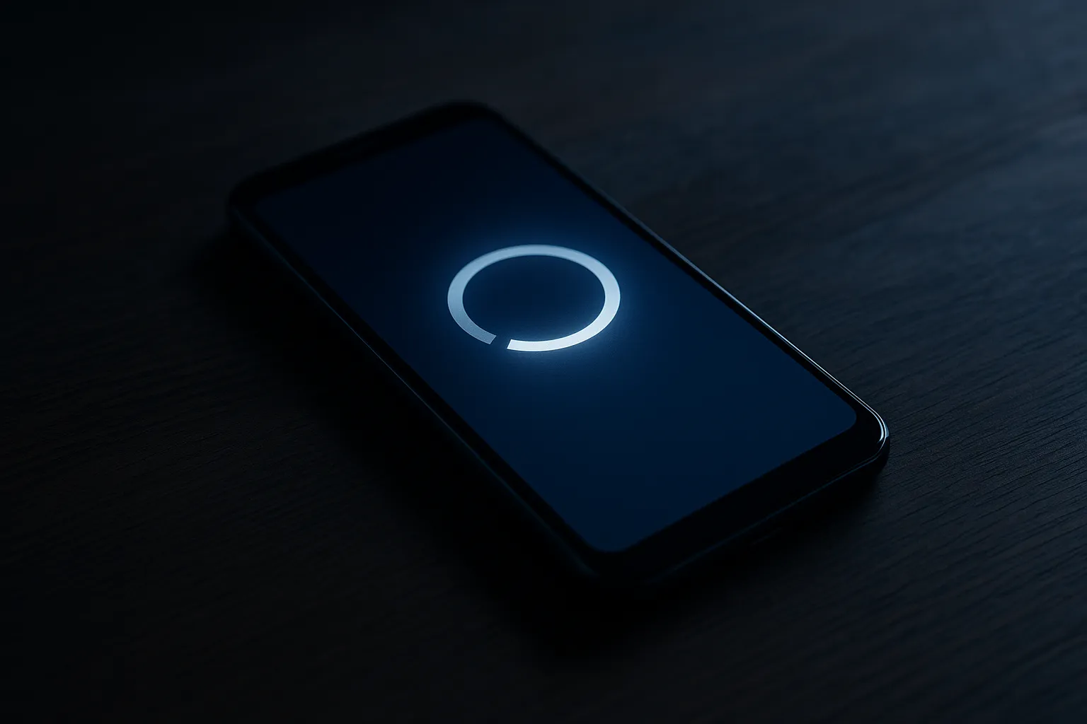 Close up of an Android phone showing a system update screen on a dark wooden desk