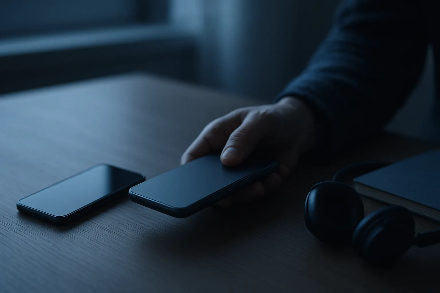 A hand resting on a dark smartphone lying face up on a wooden desk in dim blue window light, a second phone and a pair of headphones beside it