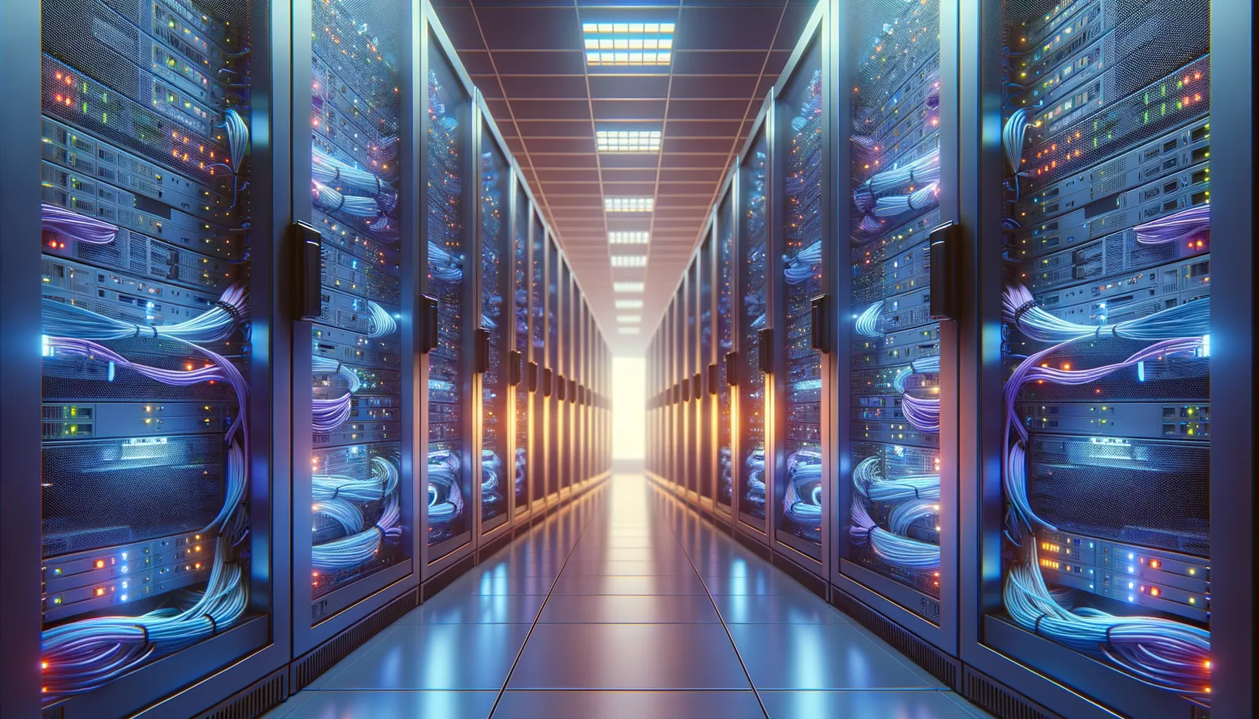 Server room with computing hardware and mirror-like reflection effect between racks suggesting one system copying another