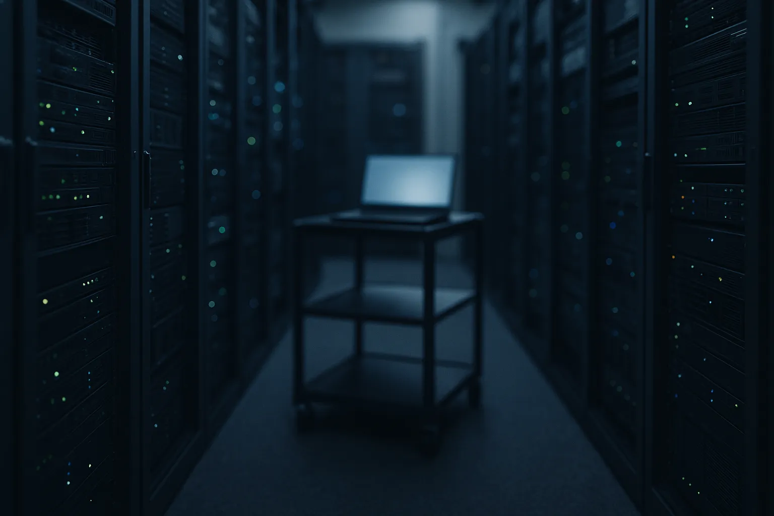 Dimly lit server room aisle with rack status lights and an open laptop on a rolling cart, representing production infrastructure reached from an AI evaluation environment