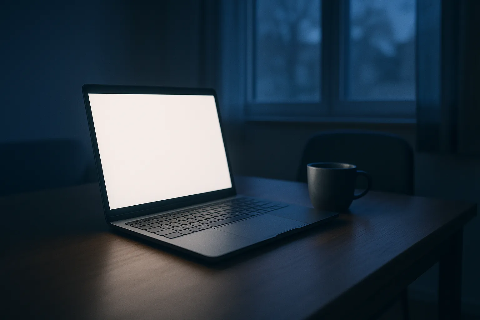 A laptop with a lit screen on an empty desk at dawn, the chair pushed back and a cold cup of coffee beside it, suggesting an account in use while its owner is away