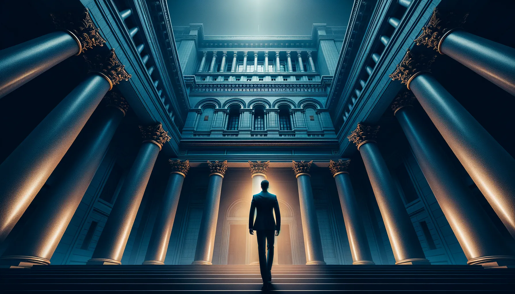 A solitary figure standing before a vast government building at dusk with warm and cool lighting creating tension between authority and individual conviction