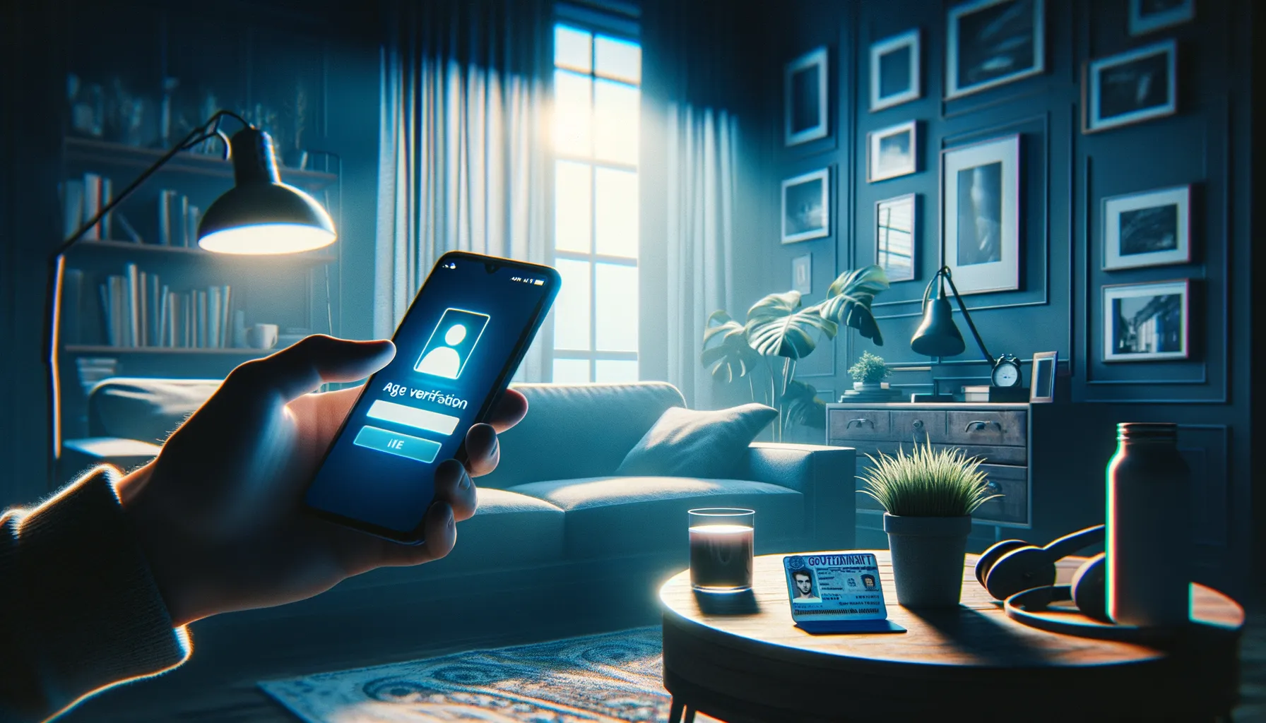 A person holding an iPhone displaying an age verification prompt with an ID card nearby