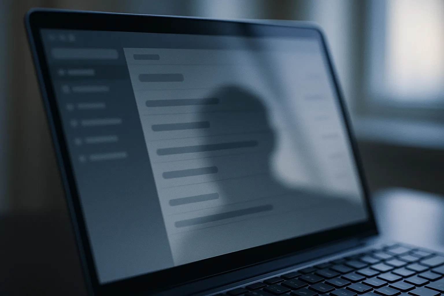 A laptop screen showing a blurred mail application interface with a person's silhouette faintly reflected in the glass, indigo and blue tones