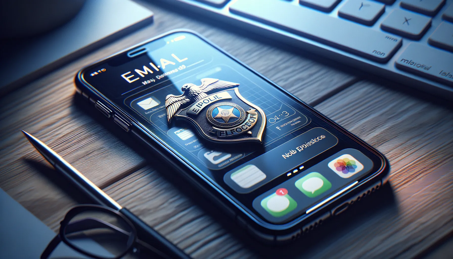 An iPhone on a desk with a subtle reflection of a law enforcement badge visible in the screen glass