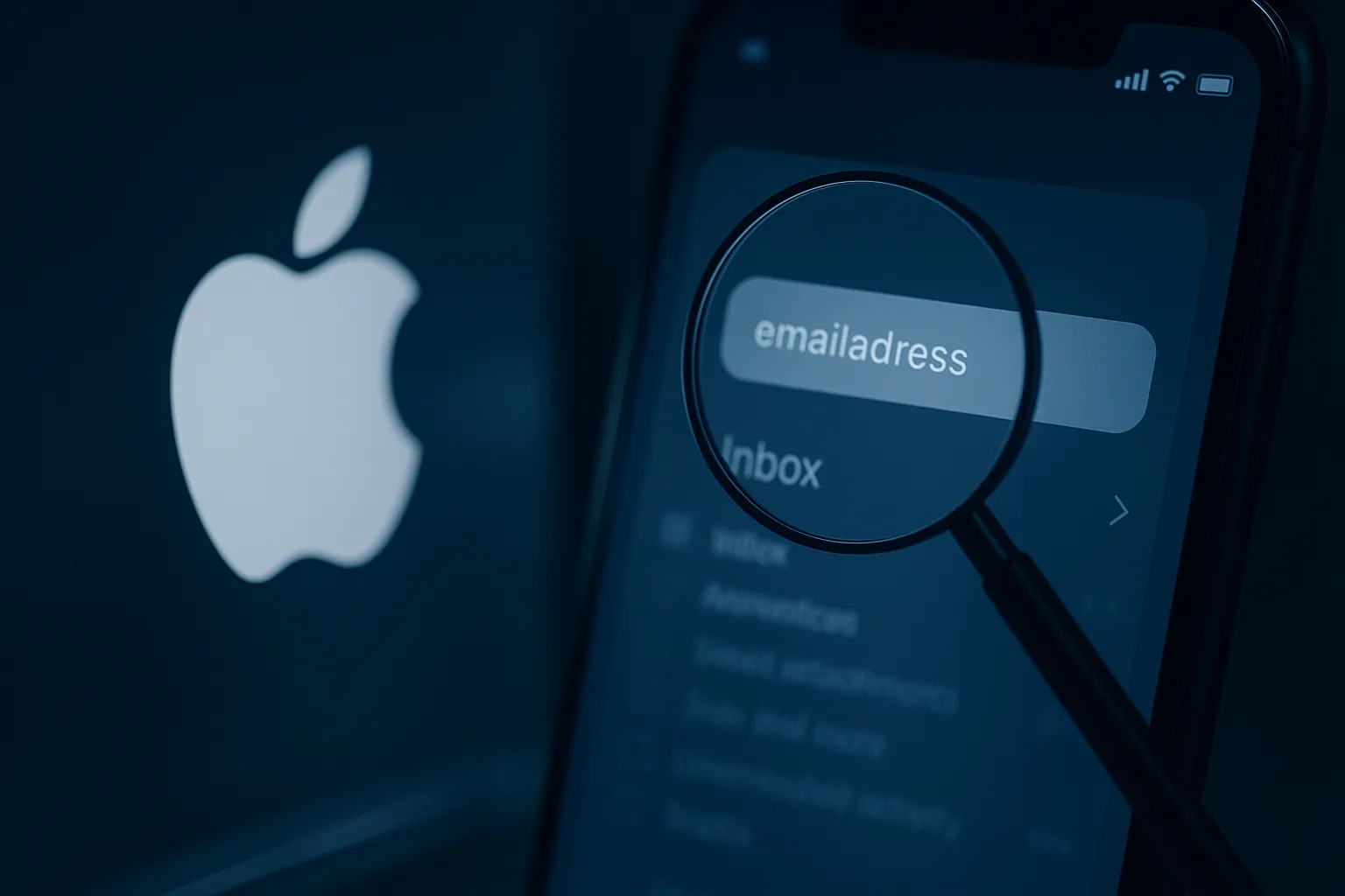 Illustration showing an Apple Hide My Email address on the old privaterelay.appleid.com domain being flagged and blocked by a website after the switch to private.icloud.com, indigo and gray color scheme