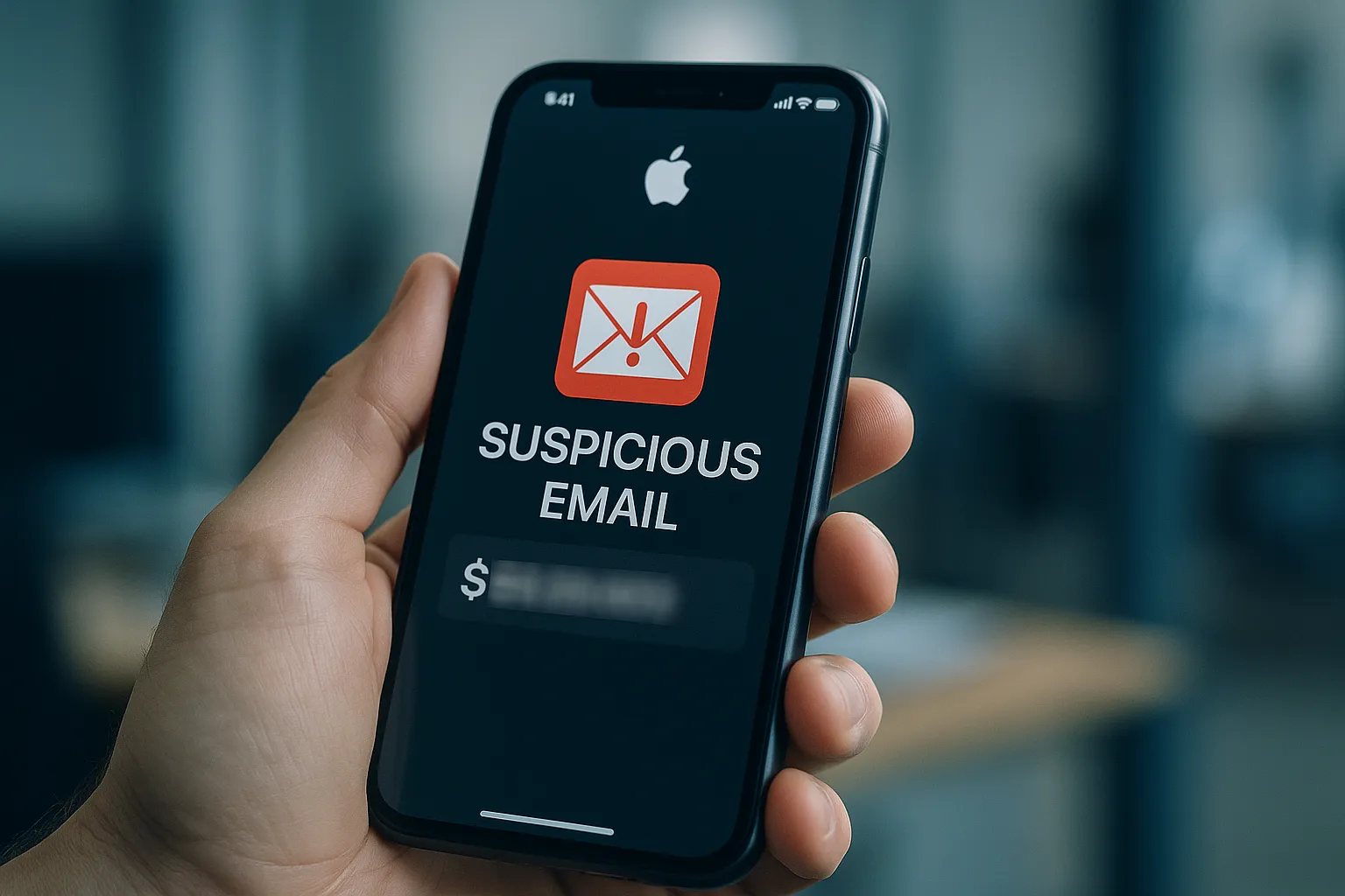 Close up of an iPhone screen showing a suspicious Apple ID purchase notification email with a toll free number, representing phishing emails sent through Apple's legitimate notification infrastructure