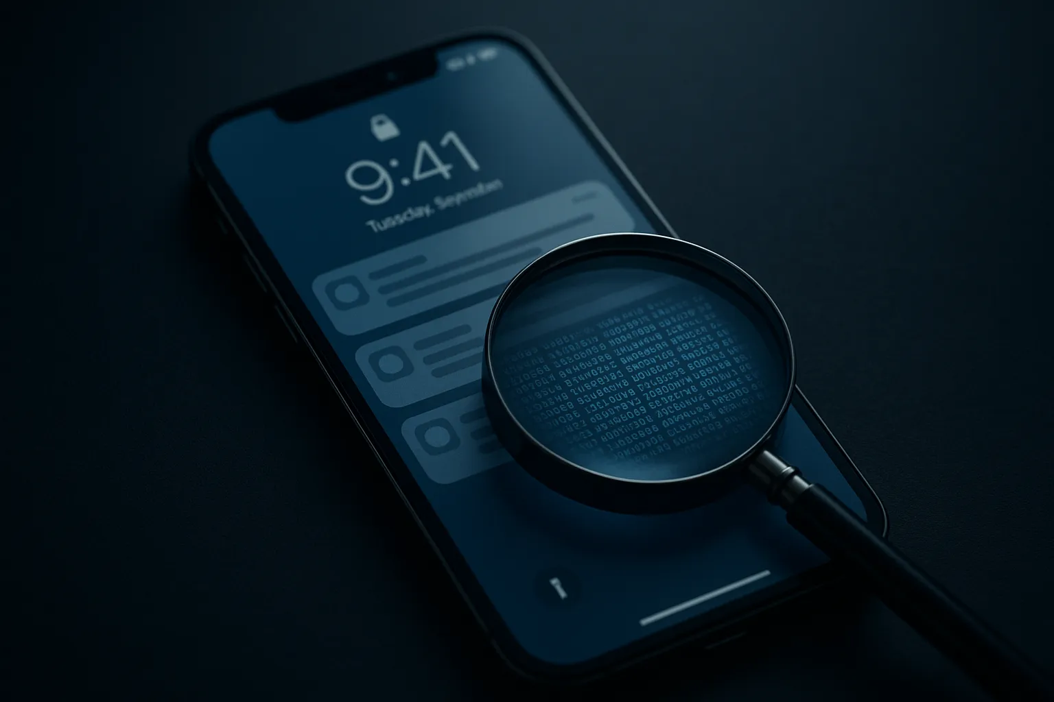 An iPhone lying on a dark surface with notification previews visible and a forensic analysis overlay