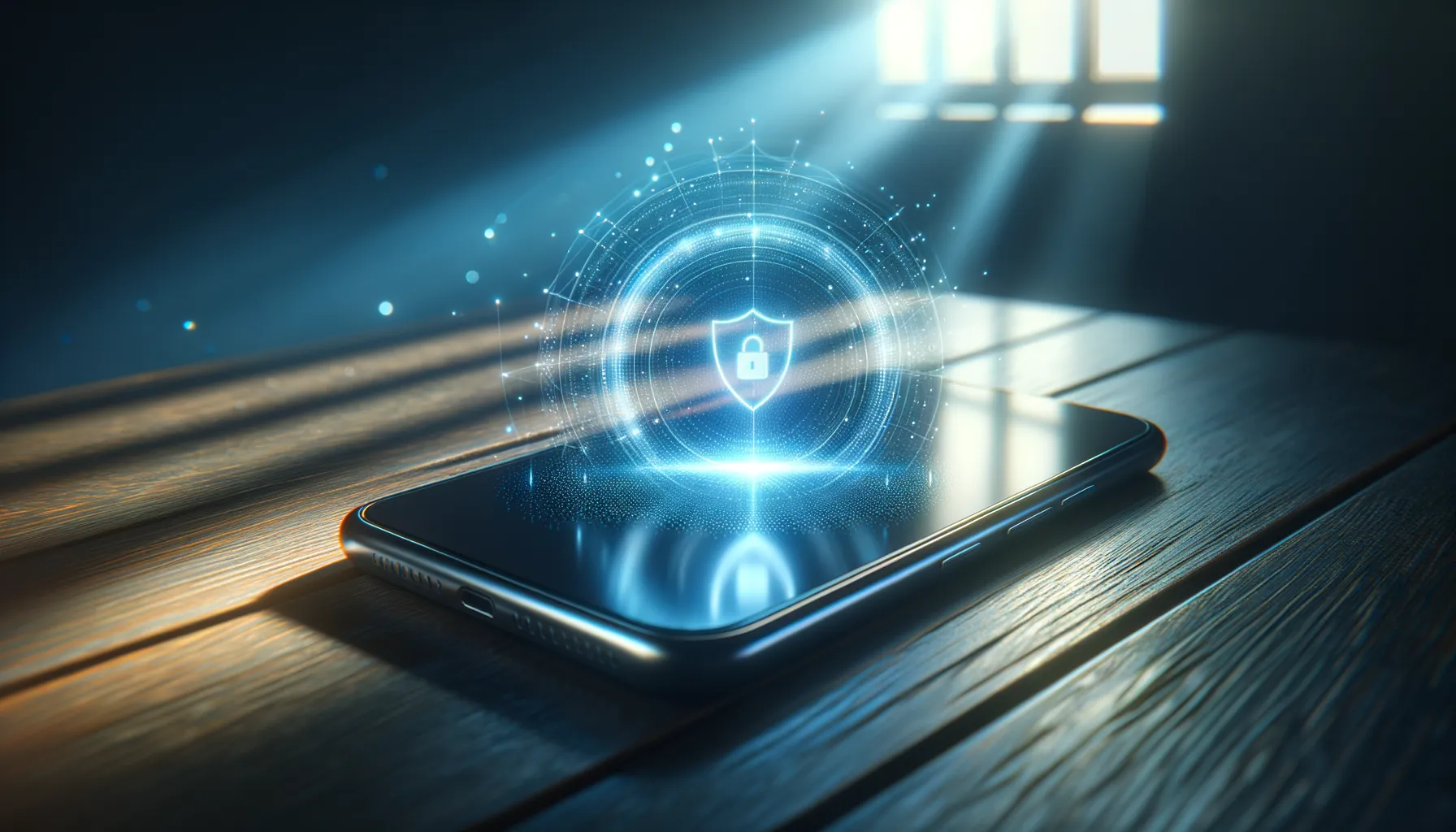 Smartphone on a desk with a soft protective blue glow representing digital security