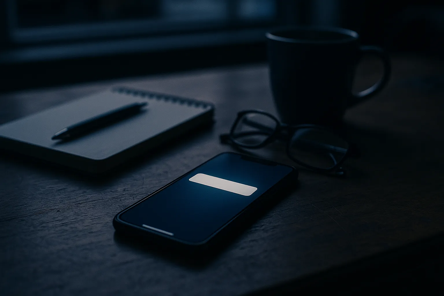 An iPhone on a newsroom desk showing a notification banner on its lock screen next to a reporter's notebook