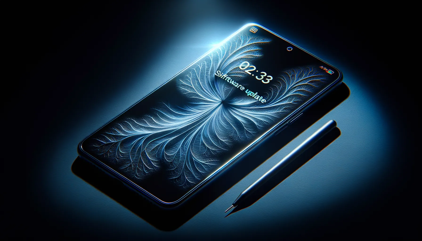 An iPhone lying on a dark surface with its screen showing an update notification, dramatic side lighting