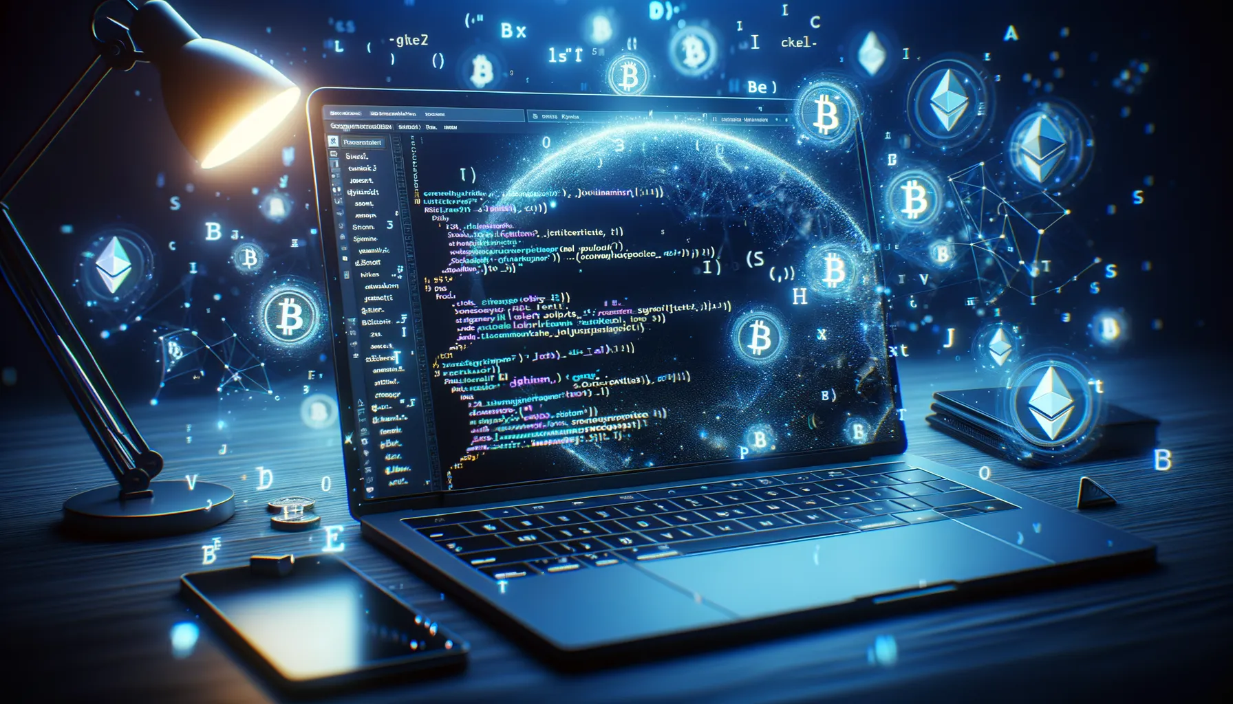 Laptop screen displaying JavaScript code with cryptocurrency symbols overlaid in blue and indigo tones