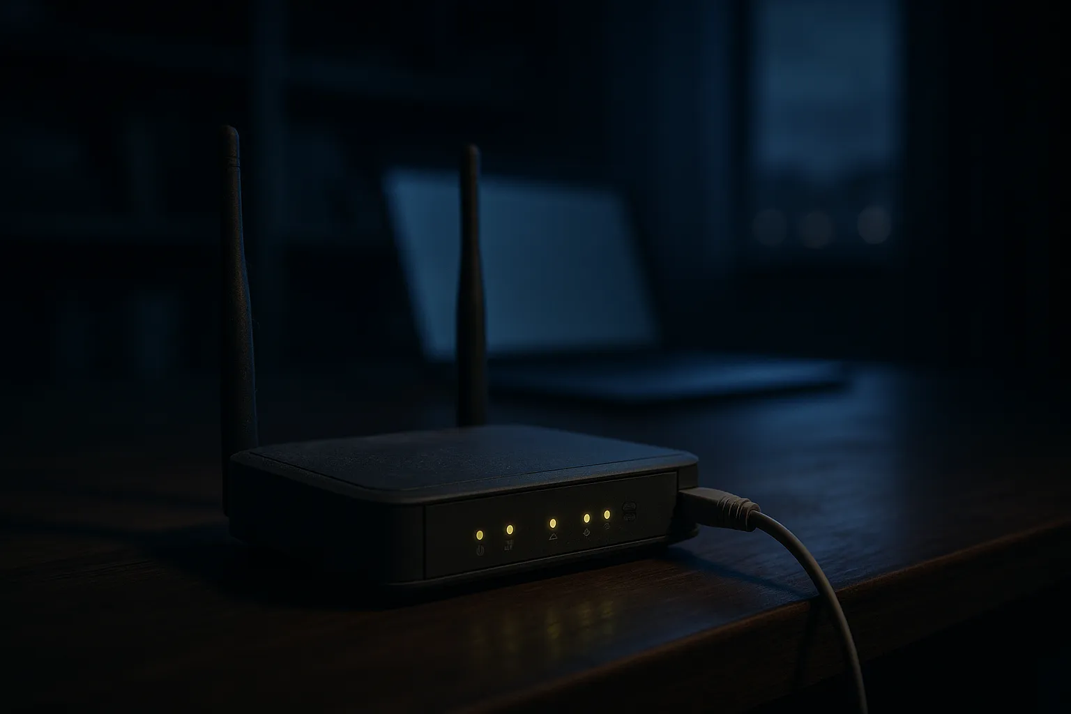An older small office home office router sits on a wooden desk lit only by its indicator lights, suggesting a forgotten device that an attacker can quietly take over without ever being noticed