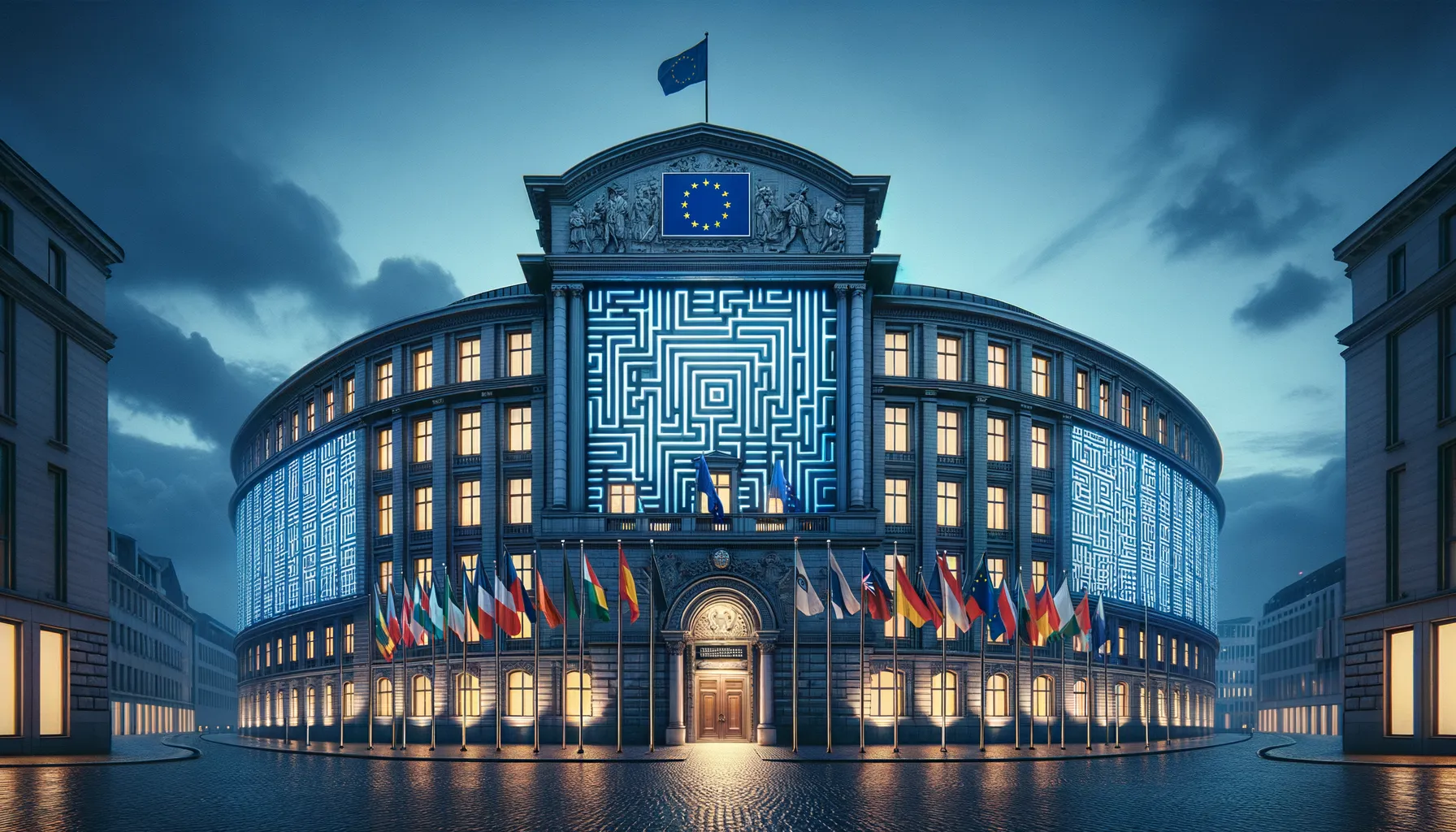 European government building at twilight with subtle digital maze pattern overlay suggesting cyber espionage