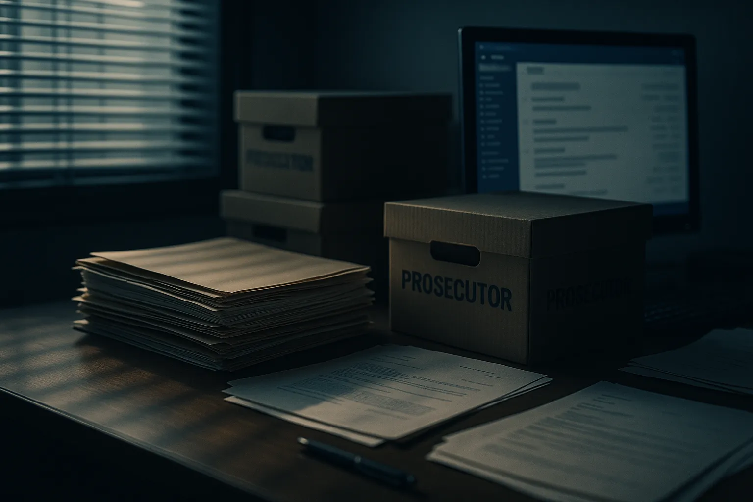 Dimly lit prosecutor's office desk with case files and computer monitor, representing compromised email accounts of Ukrainian anti-corruption prosecutors