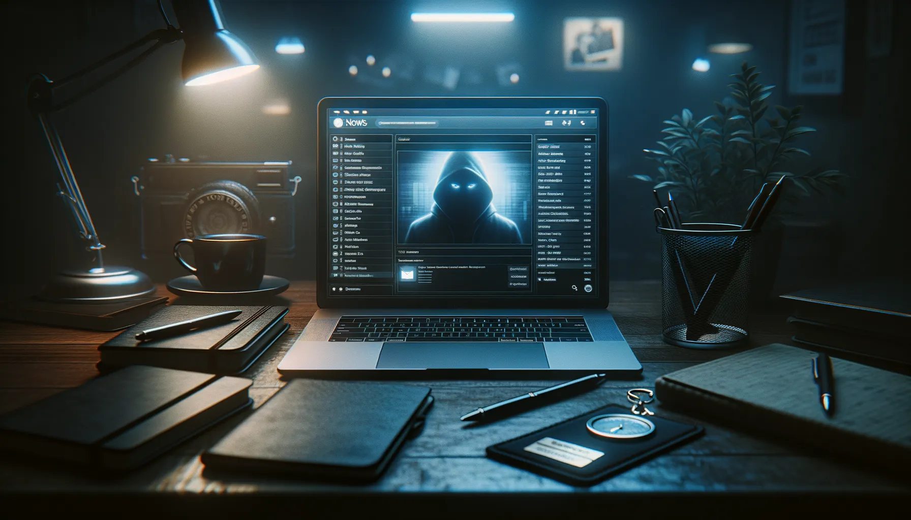 A dimly lit journalist workspace with a laptop displaying an email inbox, reflecting a shadowy figure in the screen