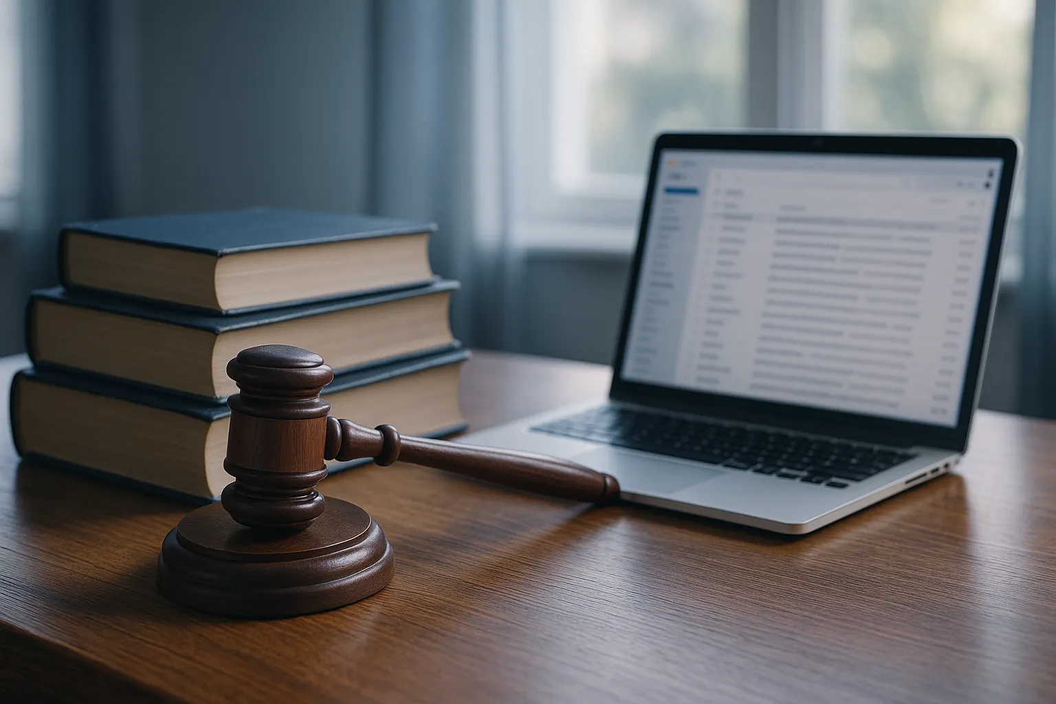 A wooden judge's gavel and legal books on a desk beside an open laptop showing an email inbox, soft daylight