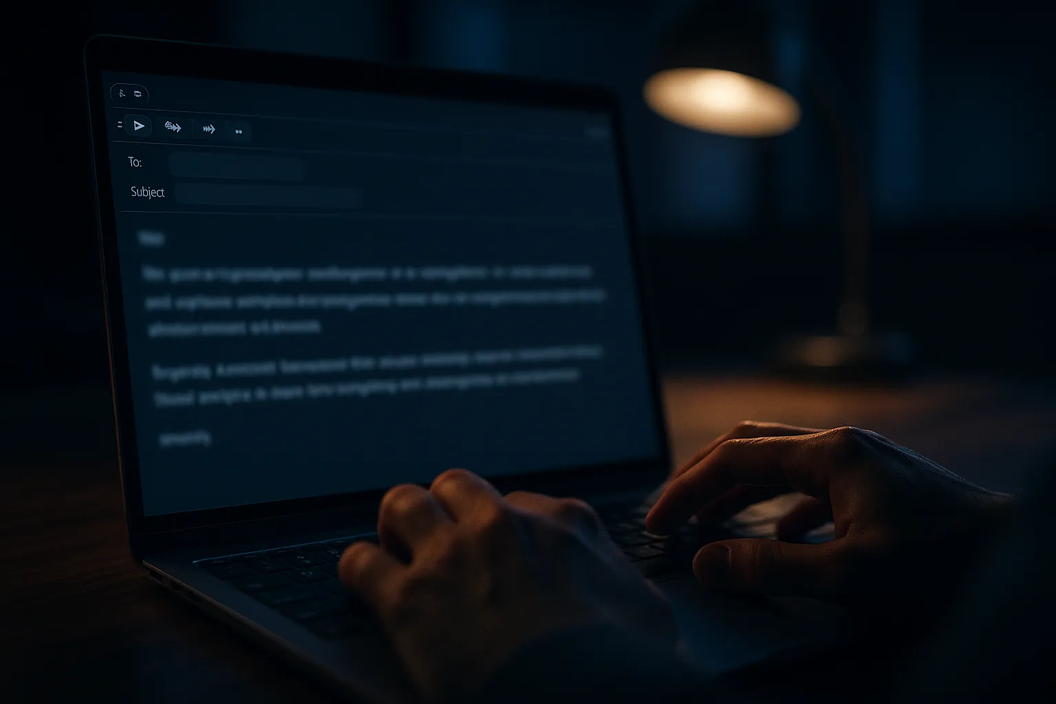 A close up of an email open on a laptop screen in a dim office at night, the message text out of focus, with an analyst's hands hovering just above the keyboard