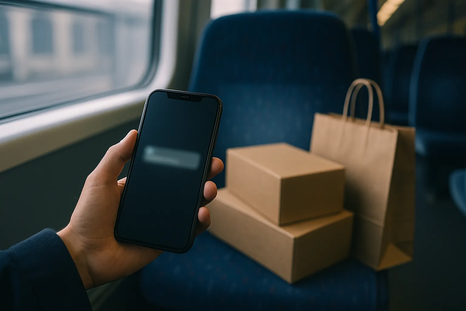 A hand holding a smartphone on a commuter train with a blurred notification banner on the lock screen and shopping parcels on the next seat
