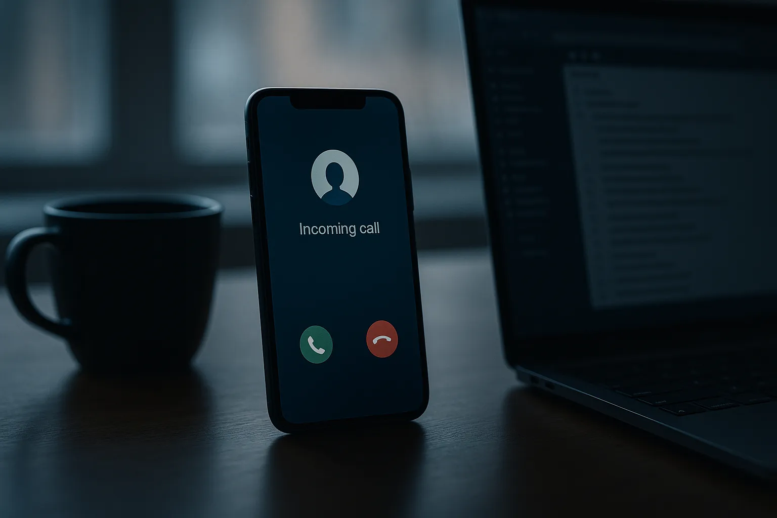 A smartphone displaying an incoming unknown call notification next to a laptop showing an email inbox, conveying the transition from email lure to voice phishing attack