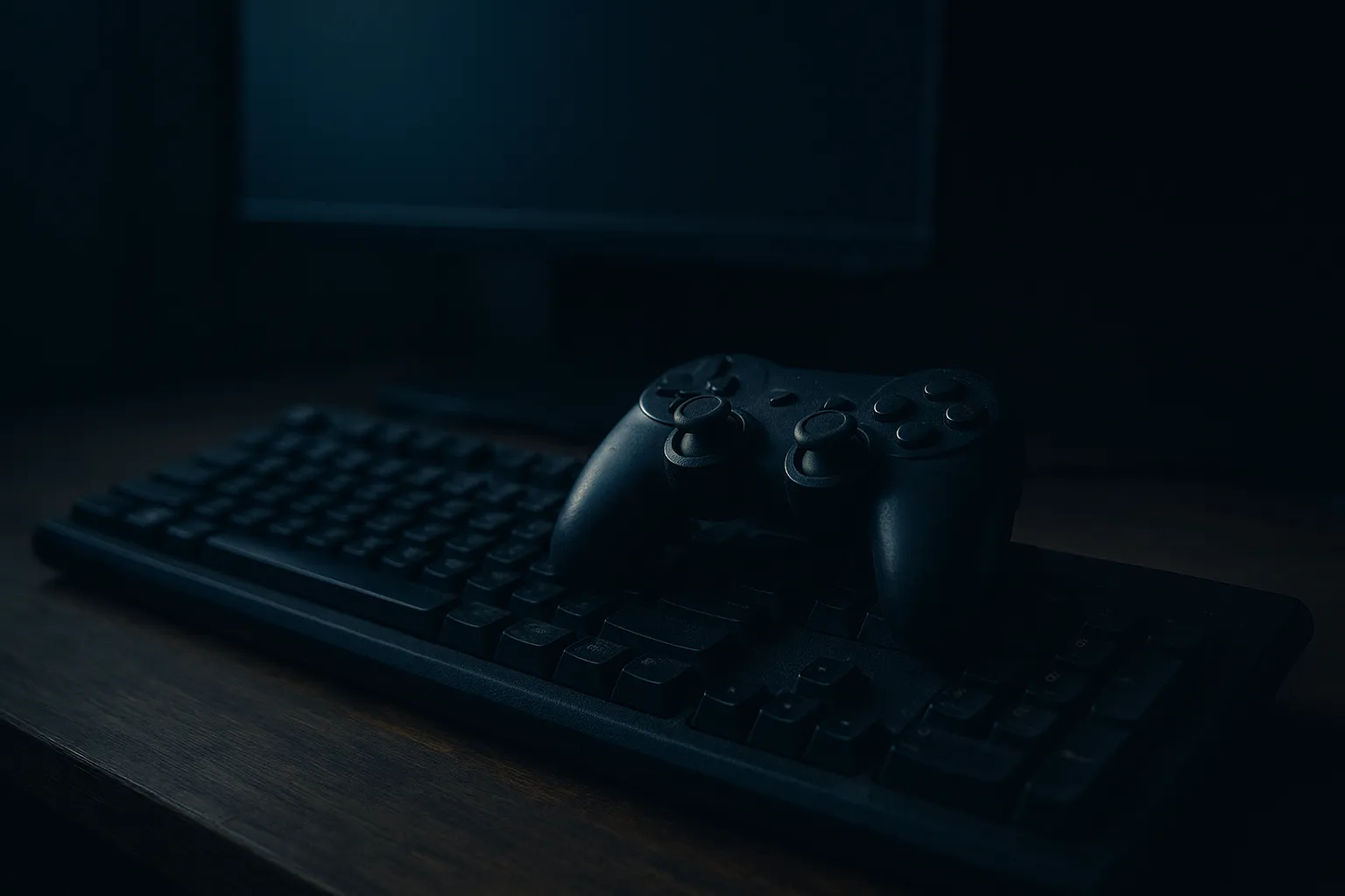 A worn black computer keyboard with a gaming controller resting on top, set on a wooden desk in a dim room lit by the glow of a single nearby monitor