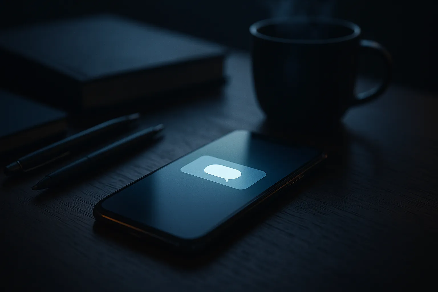 A smartphone on a dark wooden desk showing an incoming chat message notification, surrounded by office stationery, indigo and deep blue tones
