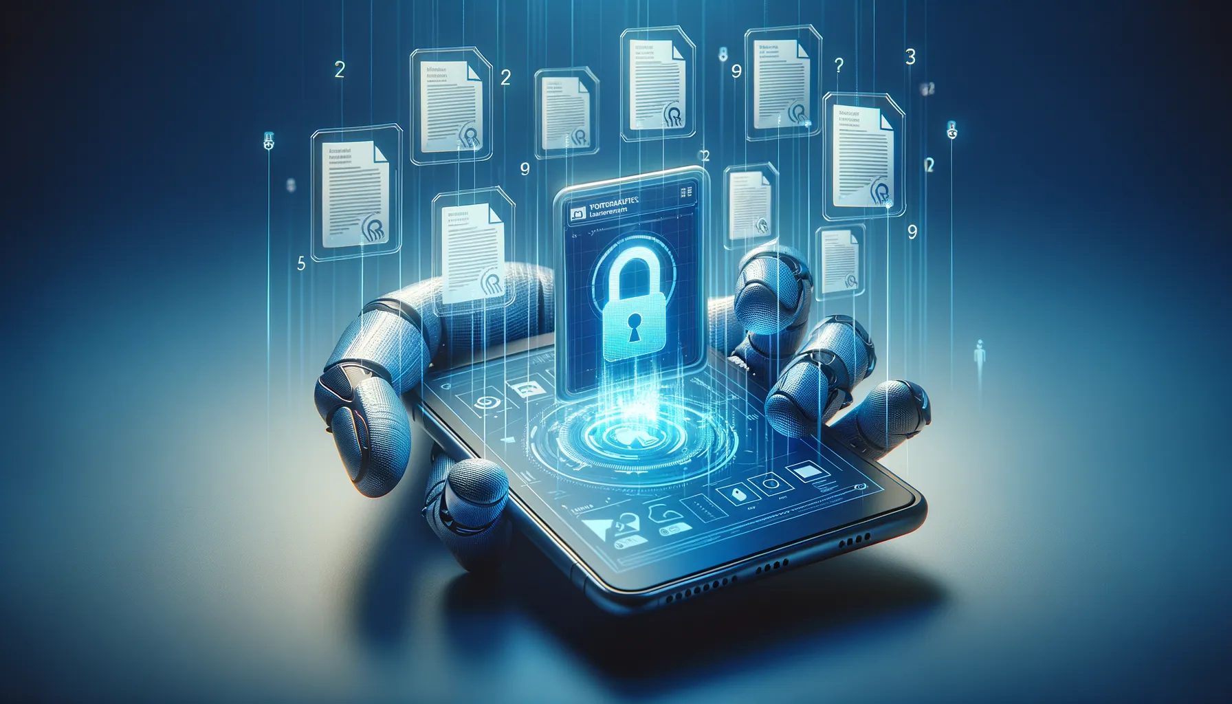 Smartphone surrounded by floating personal documents being stolen representing data breach