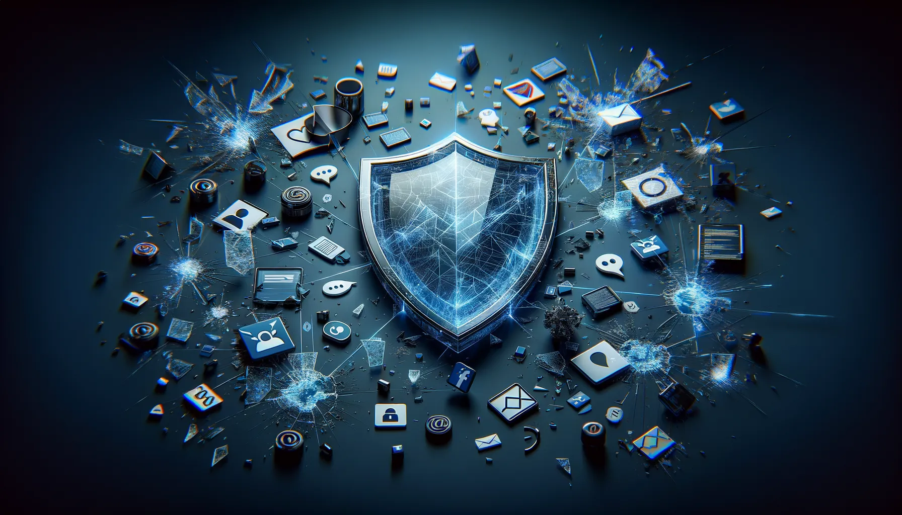 Shattered digital shield with personal data fragments scattered across a dark surface representing a breached identity protection service